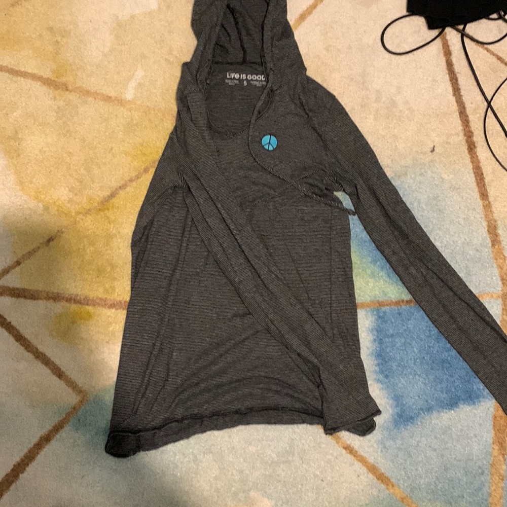 black striped life is good lightweight hoodie with teal peace design, W small